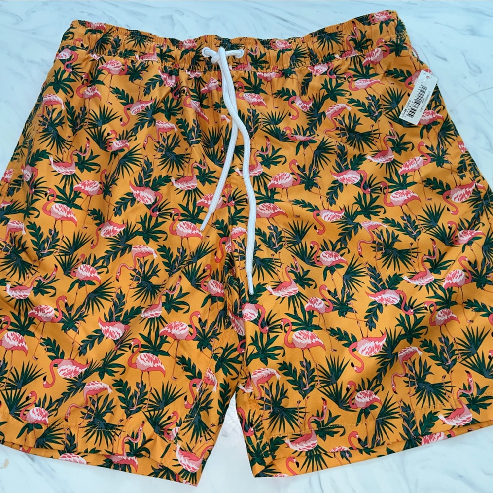 Amazon essentials yellow pink flamingo shorts bathing suit swim trunks l new nwt